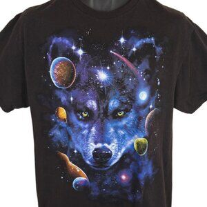 Space Wolf T Shirt Mens Size Large Black Outer Space Universe Planets Nature Tee